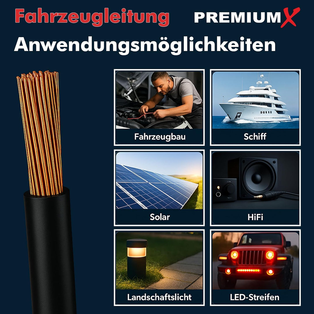 Premium X Fahrzeugleitung FLRY-B 10m 4mm² Schwarz I Flexible KFZ Kabel Litze I asymmetrisch konstrui