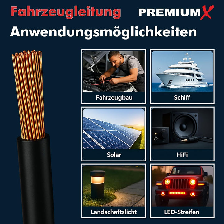 Premium X Fahrzeugleitung FLRY-B 10m 4mm² Schwarz I Flexible KFZ Kabel Litze I asymmetrisch konstrui