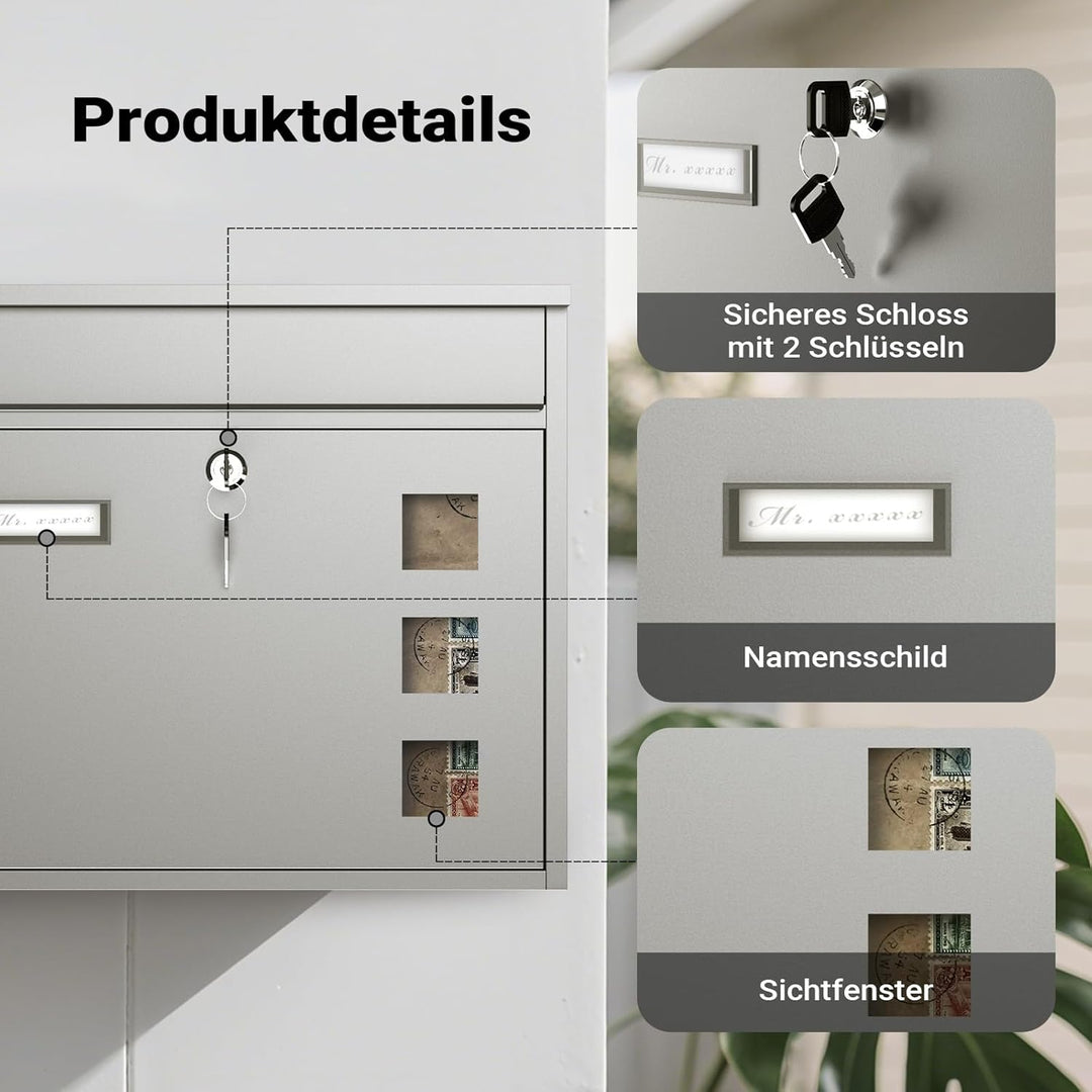 Wiltec Briefkasten V12 Edelstahl 360 x 115 x 315 mm, Wandbriefkasten mit Schloss, Sichtfenstern und