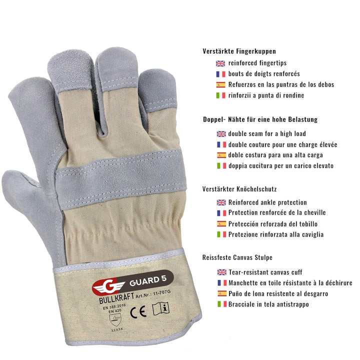 GUARD 5-12 Paar Leder Arbeitshandschuhe (Gr. 11 / XXL) - robuste Bau- und Gartenhandschuhe - Rindspa