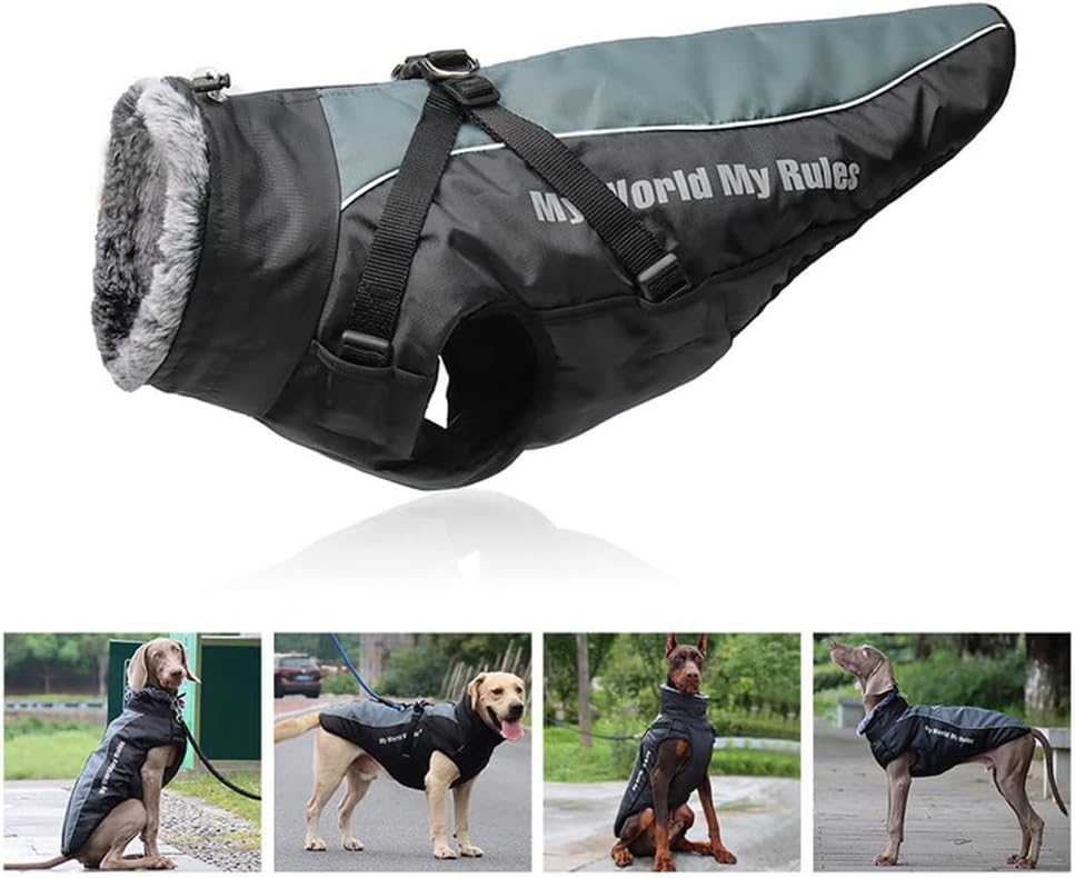 Hundejacke mit Geschirr,Gefütterte Hunde Winterjacke mit Leine wasserdichte Hunde-Winterjacke Wasser