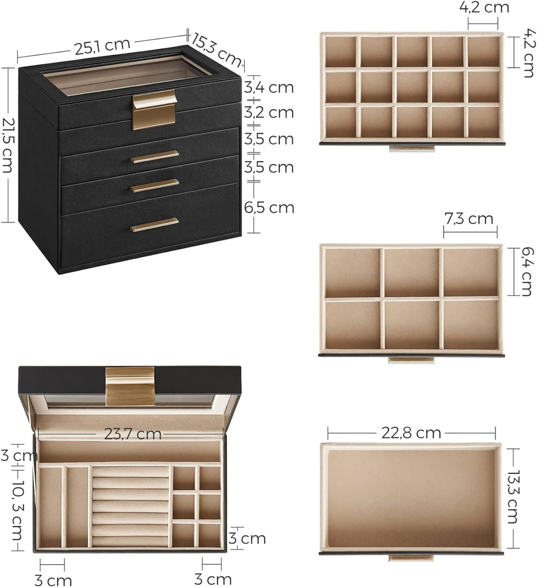 SONGMICS Schmuckkästchen, Schmuckkasten mit 4 Ebenen, Schmuckbox mit Glasdeckel, 3 Schubladen, für S
