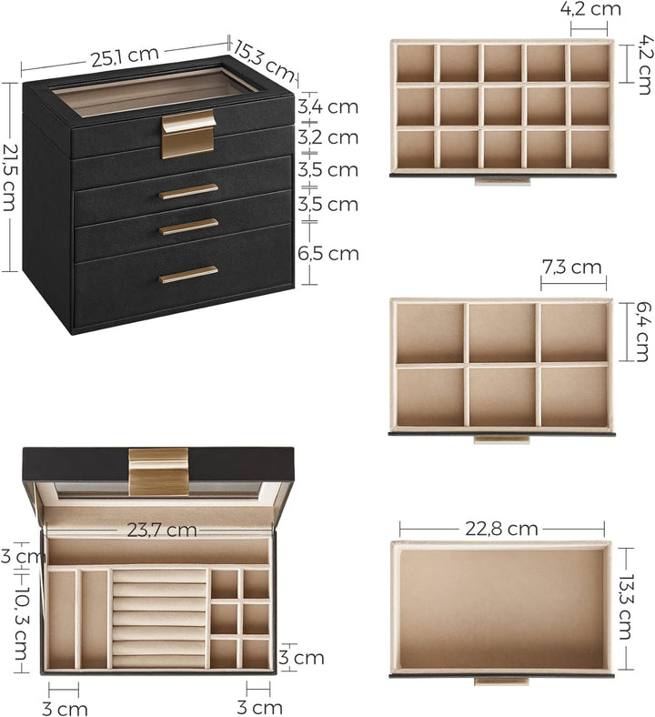 SONGMICS Schmuckkästchen, Schmuckkasten mit 4 Ebenen, Schmuckbox mit Glasdeckel, 3 Schubladen, für S