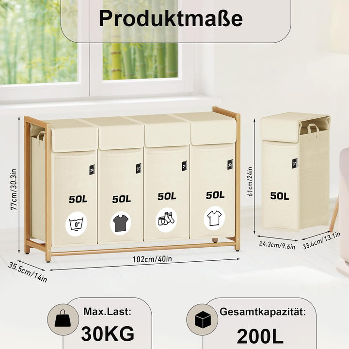 AdelDream Wäschekorb 200L – Bambus Wäschesortierer mit 4 Fächern, abnehmbarer & atmungsaktiver Wäsch