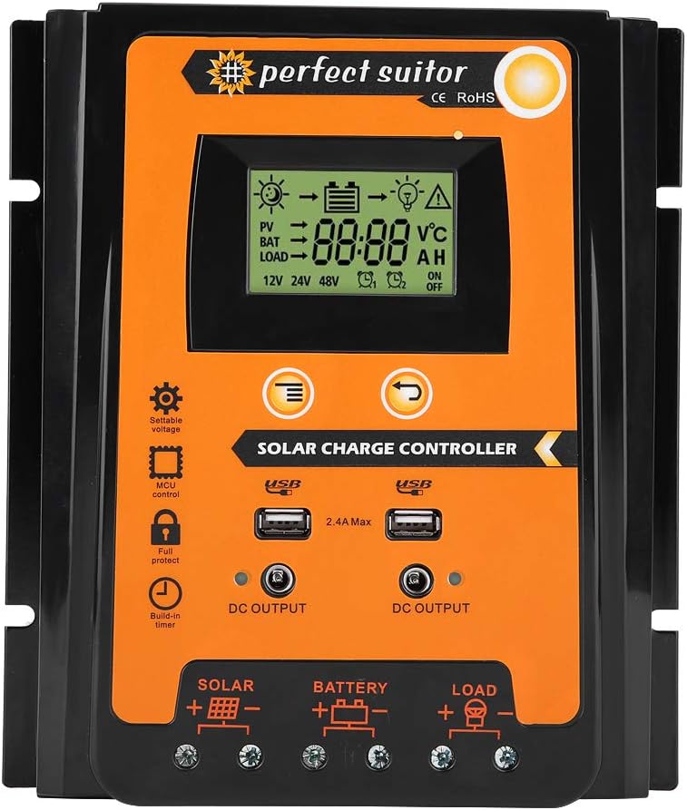 Keenso 12V/24V 30A/50A/70A MPPT Solarladeregler Solarpanel Batterieregler Dual USB LCD Display, 70A