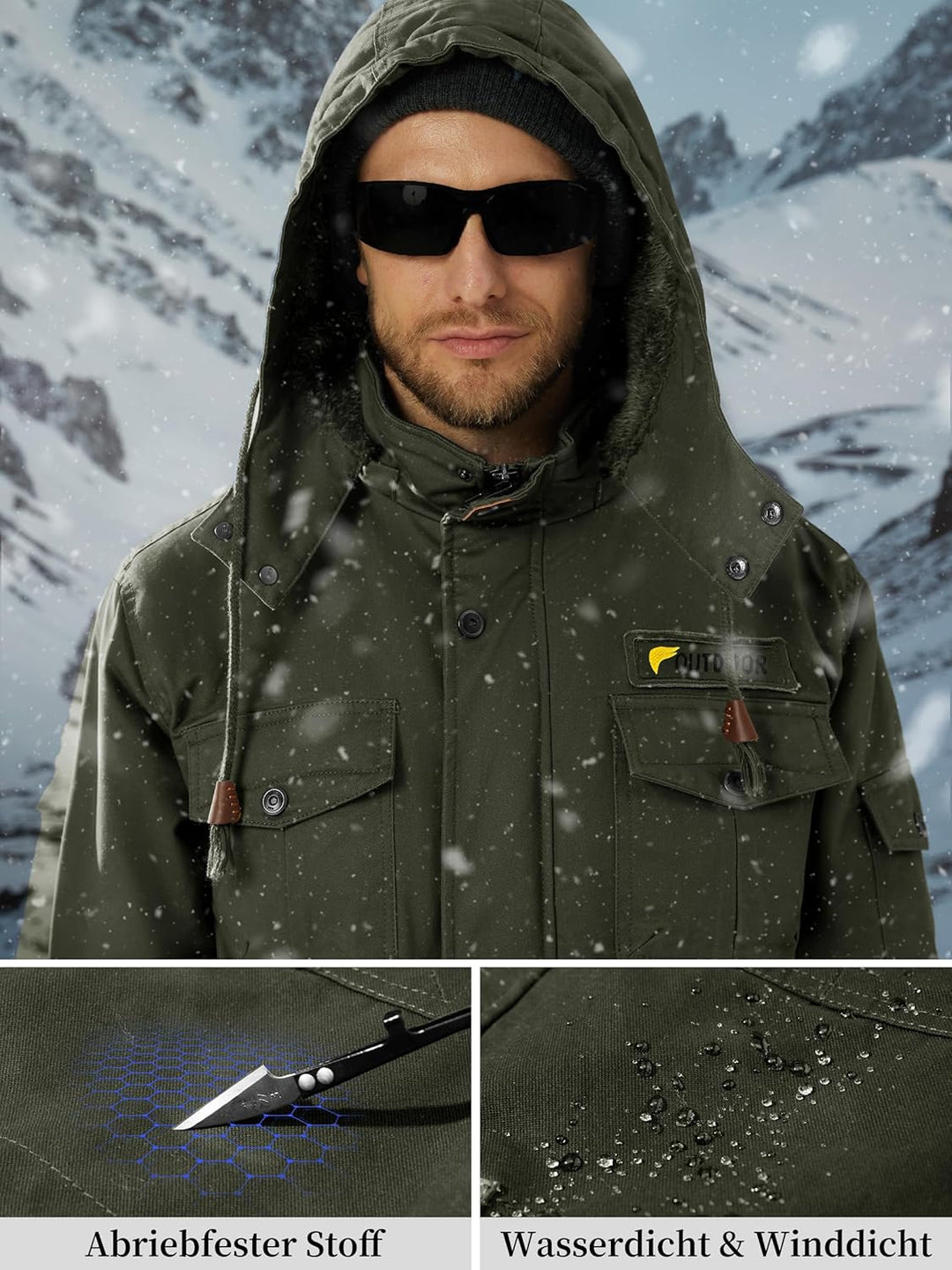 Winterparka Herren Fleece Gefüttert Winterjacke mit Viele Taschen Kapuze Warm Winter Mantel Übergang