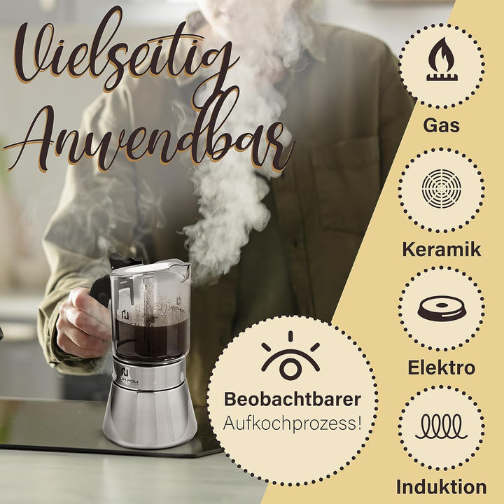 LION HOME Espressokocher | Glas &amp; Edelstahl Design für 6 Tassen | Inkl. Kork-Untersetzer | Für alle
