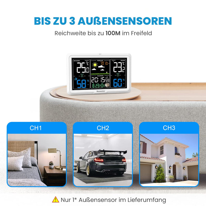 Newentor Wetterstation Funk mit Aussensensor - Lebenslange Aussensensor-Garantee - Lebendiges VA-Dis