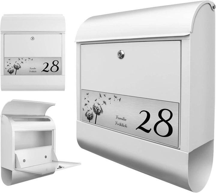 banjado® Briefkasten personalisiert mit graviertem Namensschild in Silber/Briefkasten weiss 39x47x14