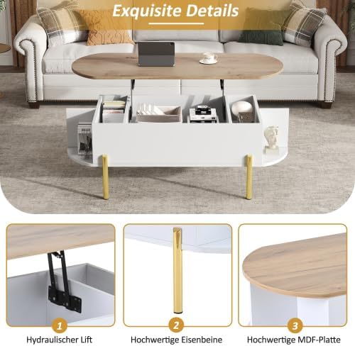 Merax Anhebbarer Couchtisch – Modernes Wohnzimmertisch Design mit Verstecktem Stauraum und Flexibler