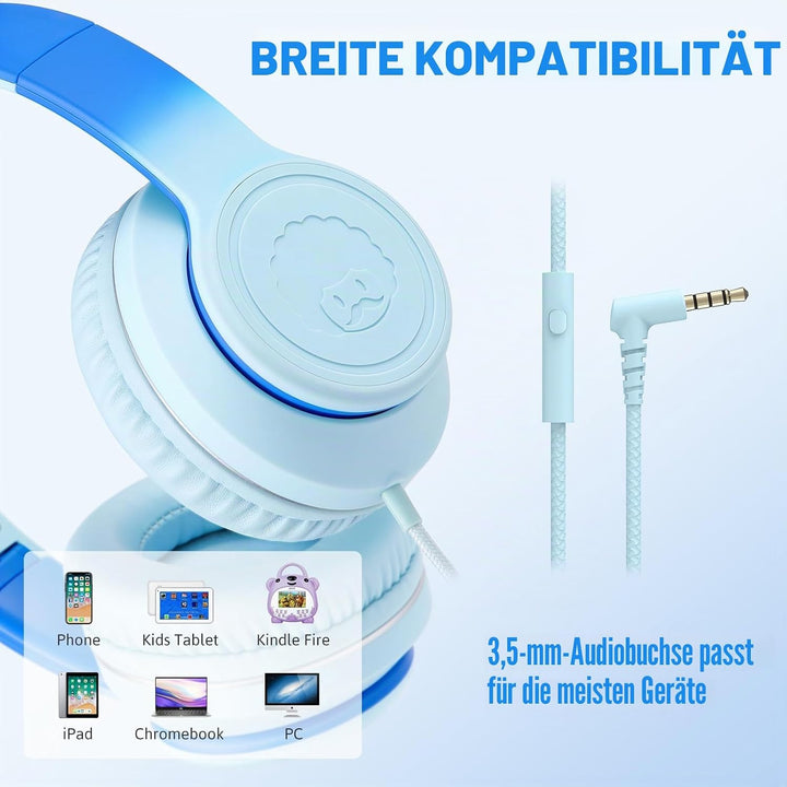 RockPapa L22 Kinder kopfhörer, Kabel Kopfhörer für Kinder, 3,5 mm Aux Jack, Verstellbares Stirnband