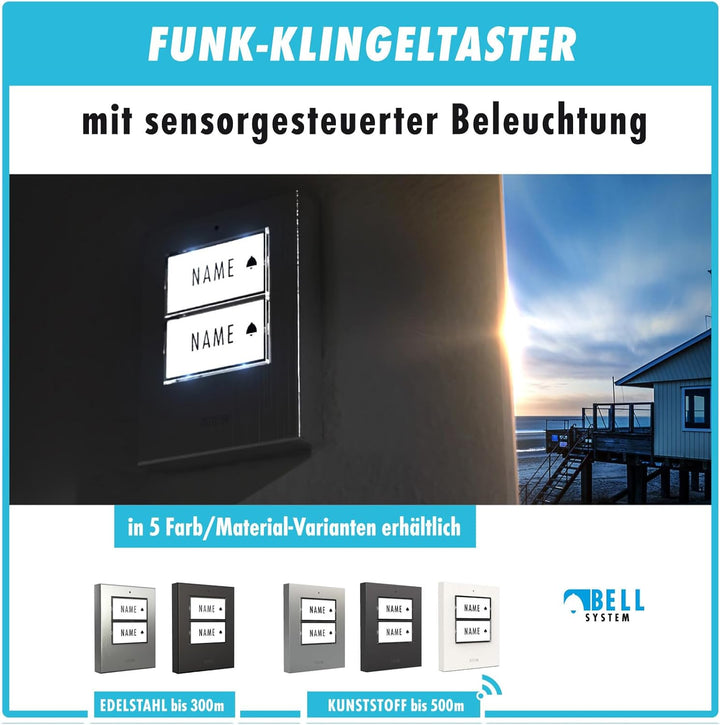 m-e Funkklingel BELL-522 BO Silber mit Sender und Empfänger für 2-Familienhaus | Erweiterbare kabell