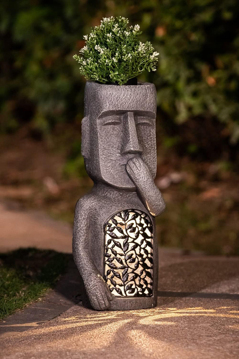 Arnusa Solar Gartenfigur Moai beleuchtet Dekofigur bepflanzbar Solarleuchte 22x18x52 cm Gartendekora