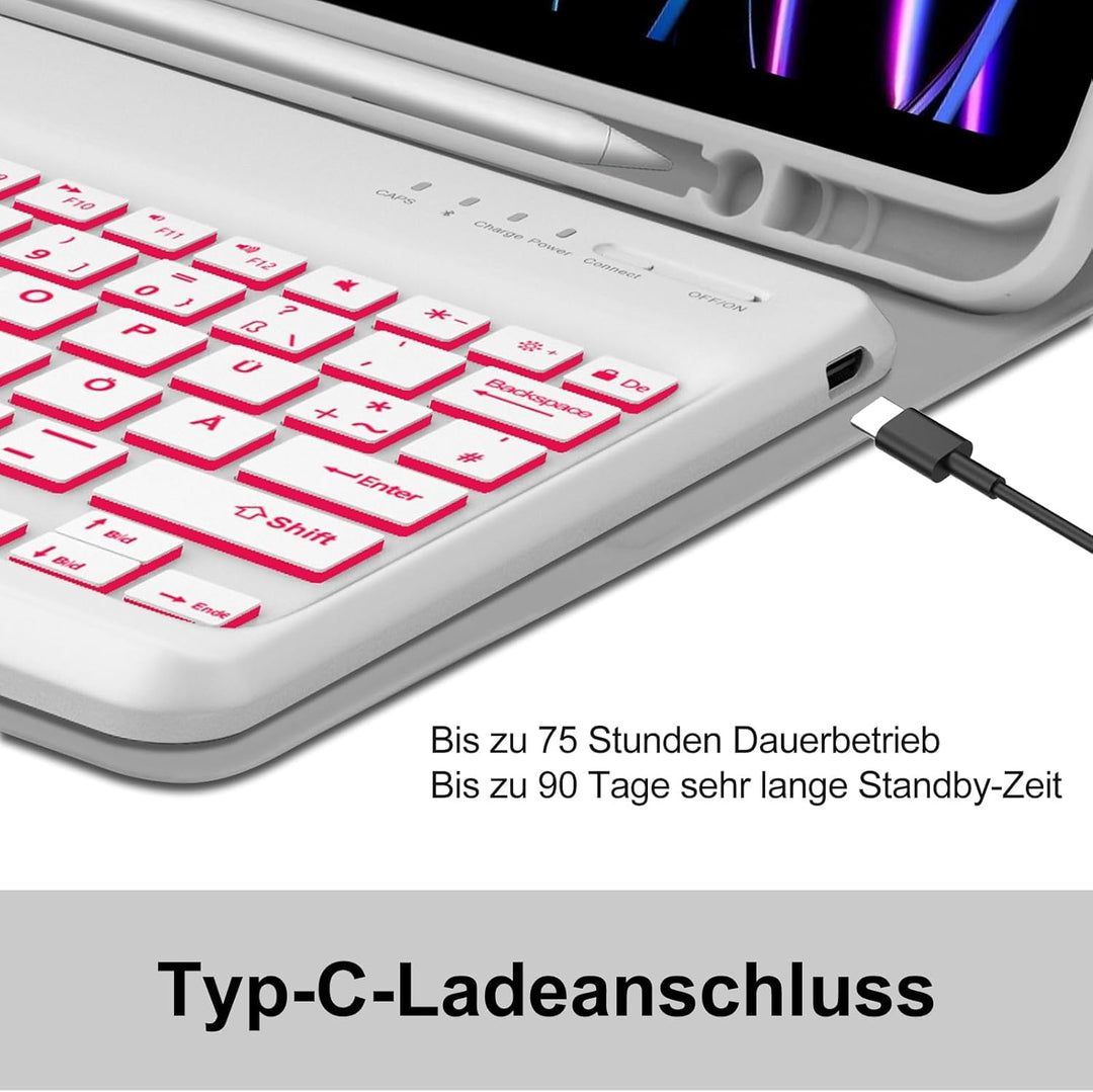 Für iPad Pro 12,9" Hülle mit 7-Farben Beleuchtung Tastatur (2018-2022) – QWERTZ Bluetooth Tastatur,