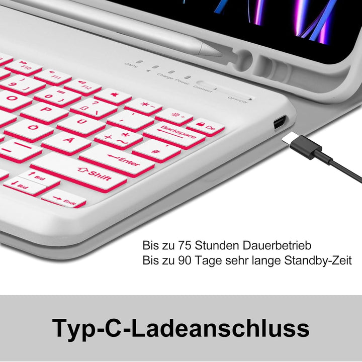 Für iPad Pro 12,9" Hülle mit 7-Farben Beleuchtung Tastatur (2018-2022) – QWERTZ Bluetooth Tastatur,