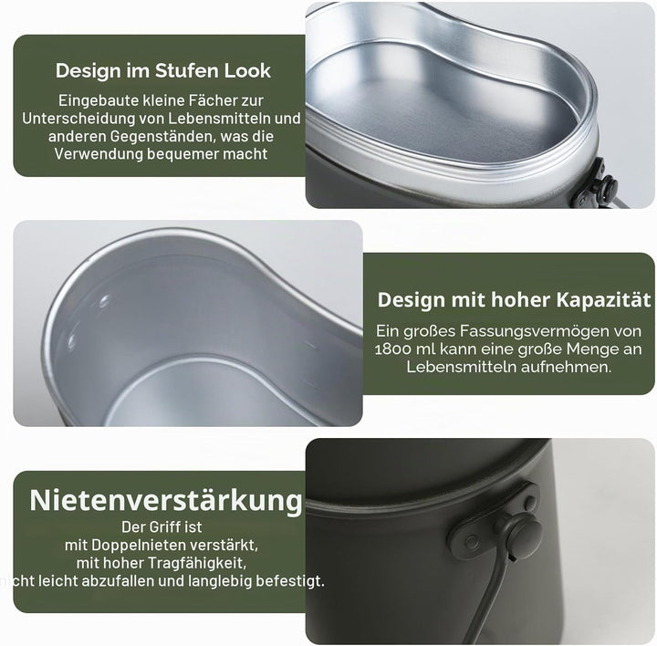 Camping Kochgeschirr Mess Kit, Camping Geschirr Set, Aluminium Und Edelstahl Bundeswehr Essgeschirr