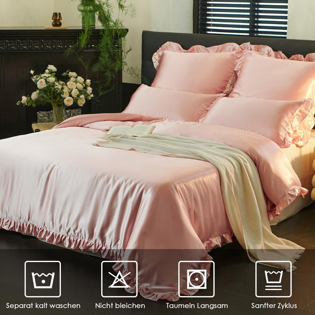 Freyamy Satin Bettwäsche 135x200 4tlg Glatt Luxus Seide Glanzsatin Bettwäsche Set Rosa Einfarbig Rüs