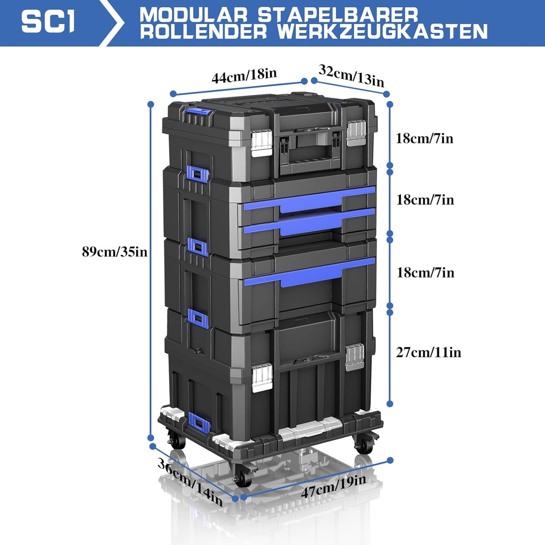 5-Lagiger Werkzeugkoffer Leer mit Rollen,Modularer,Stapelbarer Werkzeugkiste,Tragbarer Werkzeugkaste