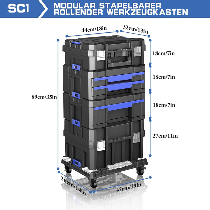 5-Lagiger Werkzeugkoffer Leer mit Rollen,Modularer,Stapelbarer Werkzeugkiste,Tragbarer Werkzeugkaste