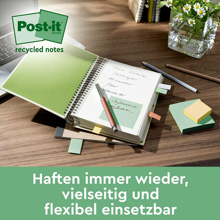 Post-it Recycling Notes, Assortierte Farben, Packung mit 16 Blöcken, 100 Blatt pro Block, 76 mm x 76