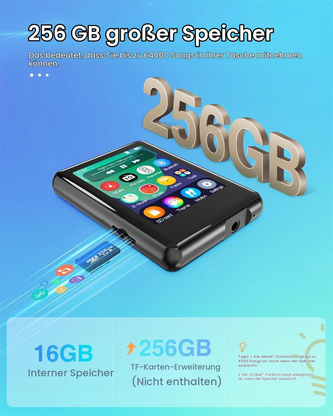 MP3-Player mit Bluetooth 5.3, 16 GB, Full Touchscreen, für Kinder, tragbares Musikgerät mit Lautspre