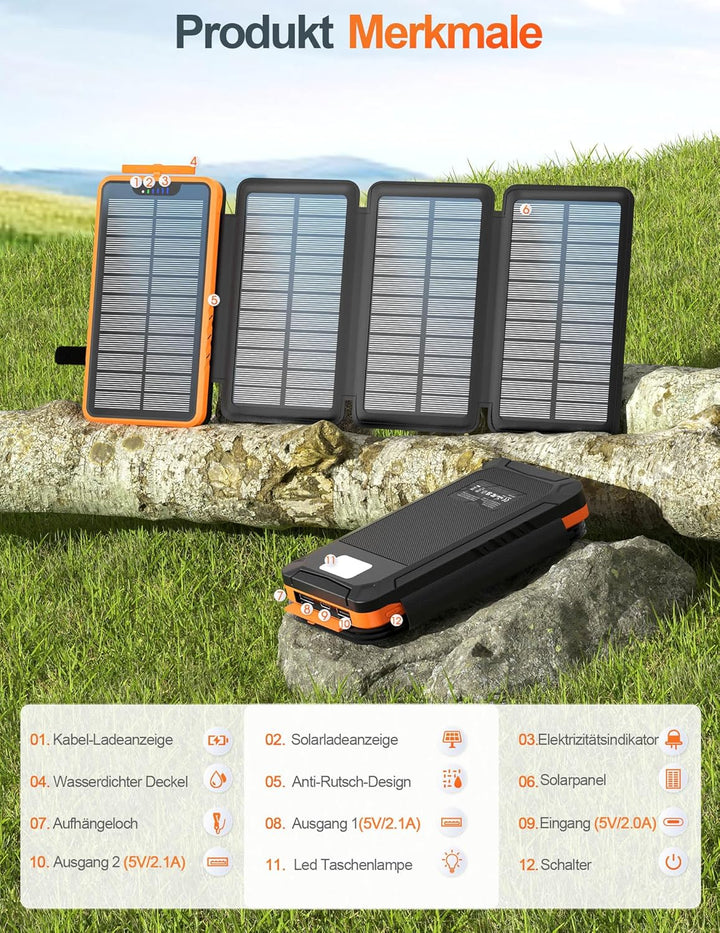 Solar Powerbank 26800mAh, elzle Solar Ladegerät mit 2 USB-Ausgangsport & 1 USB-Eingangsport, Outdoor