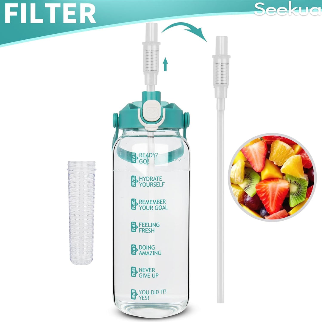 Seekua 1.5 liter Trinkflasche Glas Flasche mit Strohhalm & Zeitmarkierung, 1.5l Wasserflasche mit Fr