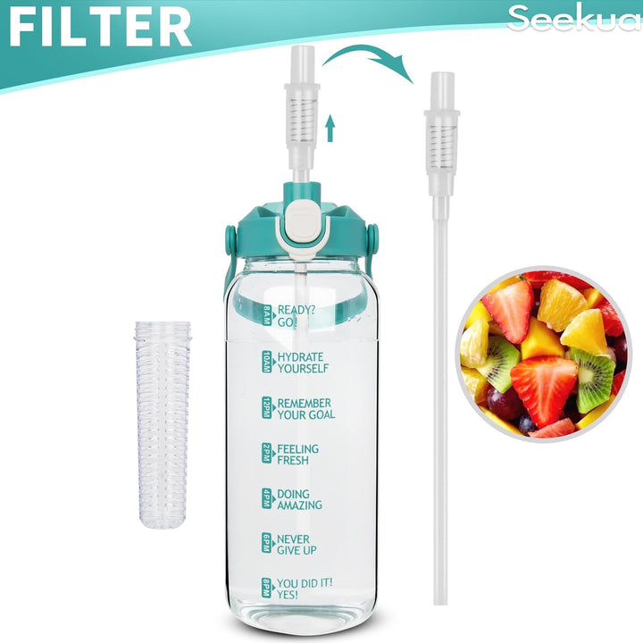 Seekua 1.5 liter Trinkflasche Glas Flasche mit Strohhalm & Zeitmarkierung, 1.5l Wasserflasche mit Fr