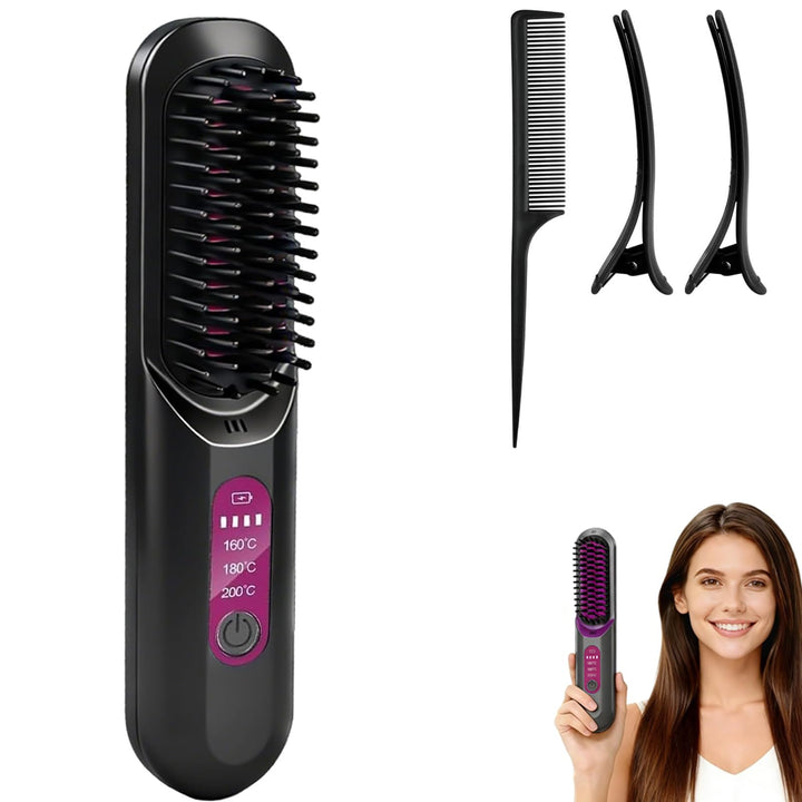 2-in-1 Glättbürste Kabellos, Haarbürste Elektrisch Damen, Stylingbürste für Kurze Langes Haare, Trag