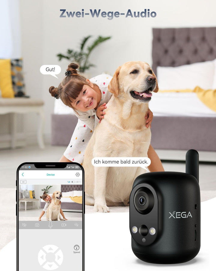 Xega 4G LTE Überwachungskamera Innen mit SIM Karte Ohne WLAN, 2K Kabellose Kamera für Babys/Haustier