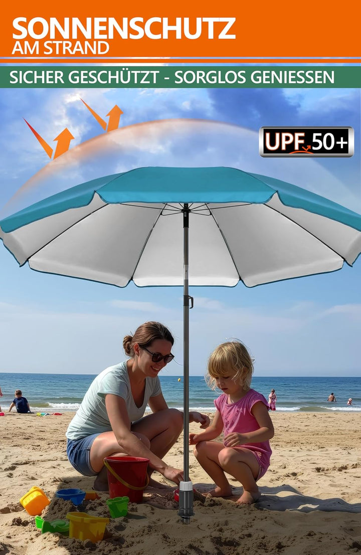 4smile Sonnenschirm Strand SunnyJoy 3-IN-1-SET, Fb. Türkis - Strandschirm Ø 200 cm + Bodenhülse + Sc