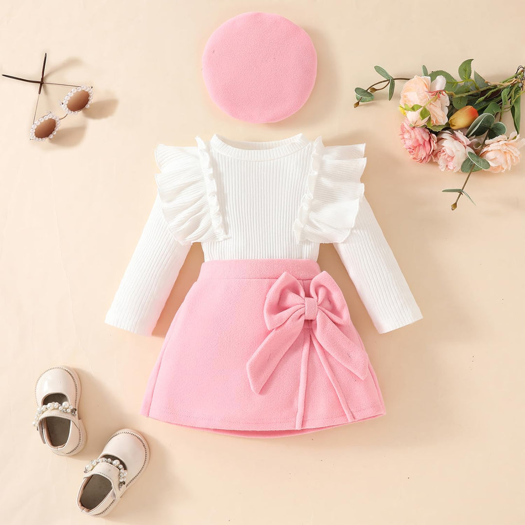 Kleinkind Baby Mädchen Outfits Rüschenärmel Gestrickt Bowknot Shirt + Elegant Mini Rock+ Baskenmütze
