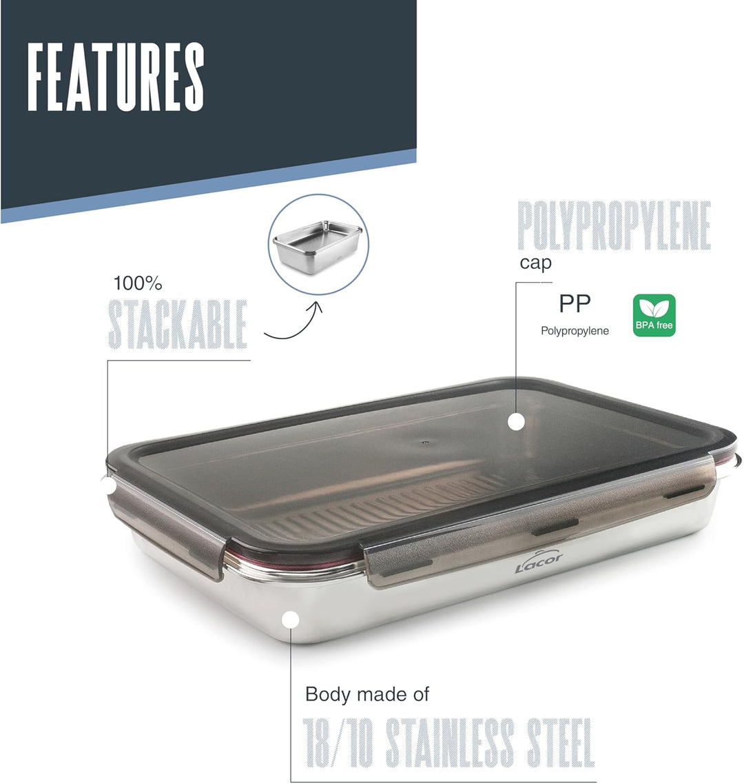 LACOR - 64674 - Ecoinox Pro Luftdichtes Tupper, 3,5 L, Edelstahl 18/10 mit Polypropylen-Deckel, Luft