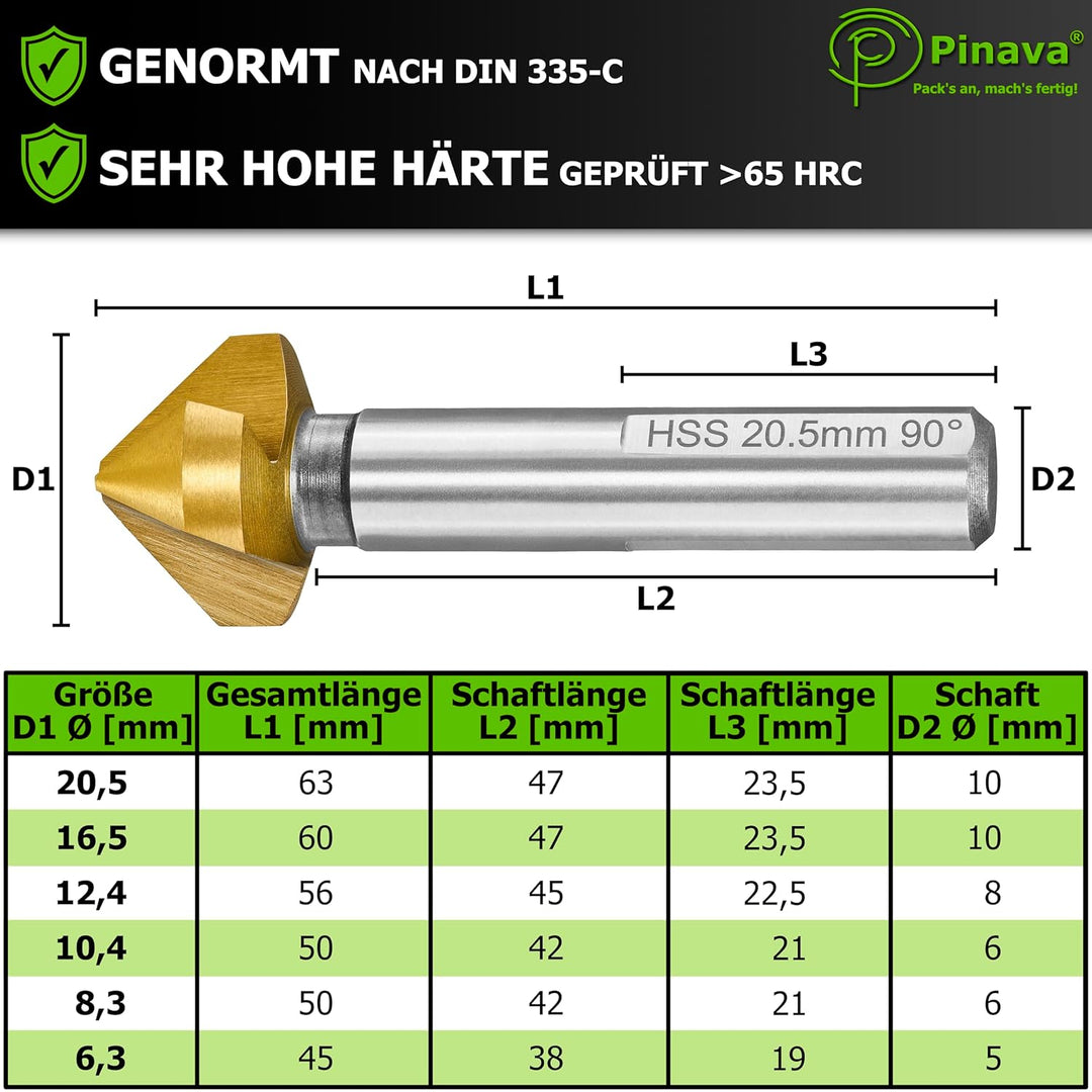 Pinava® Kegelsenker Set HSS CutX [3-Flächen-Schaft für bombenfesten Halt] - Scharfer & Präziser Senk