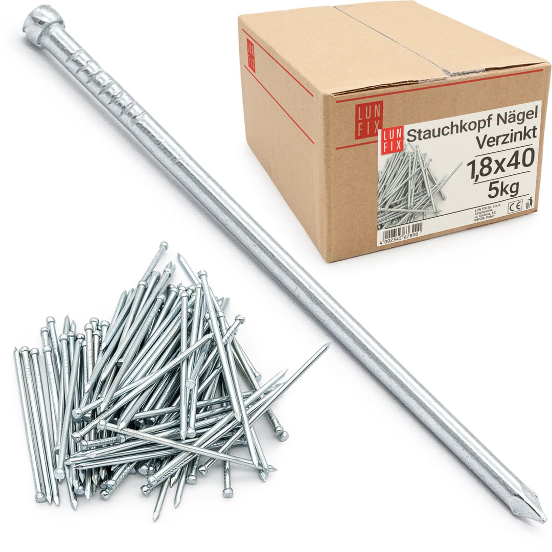 Lun Fix Stauchkopf Nägel 1,8 x 40 mm - 5kg | Holznägel für Bauarbeiten | Verzinkter Baunägel | Stahl