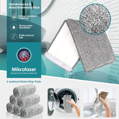 Myiosus Flacher Wischmopp Set mit Eimer, 2 in 1 Putzeimer mit Wischmop mit 144 cm Edelstahlgriff, 6