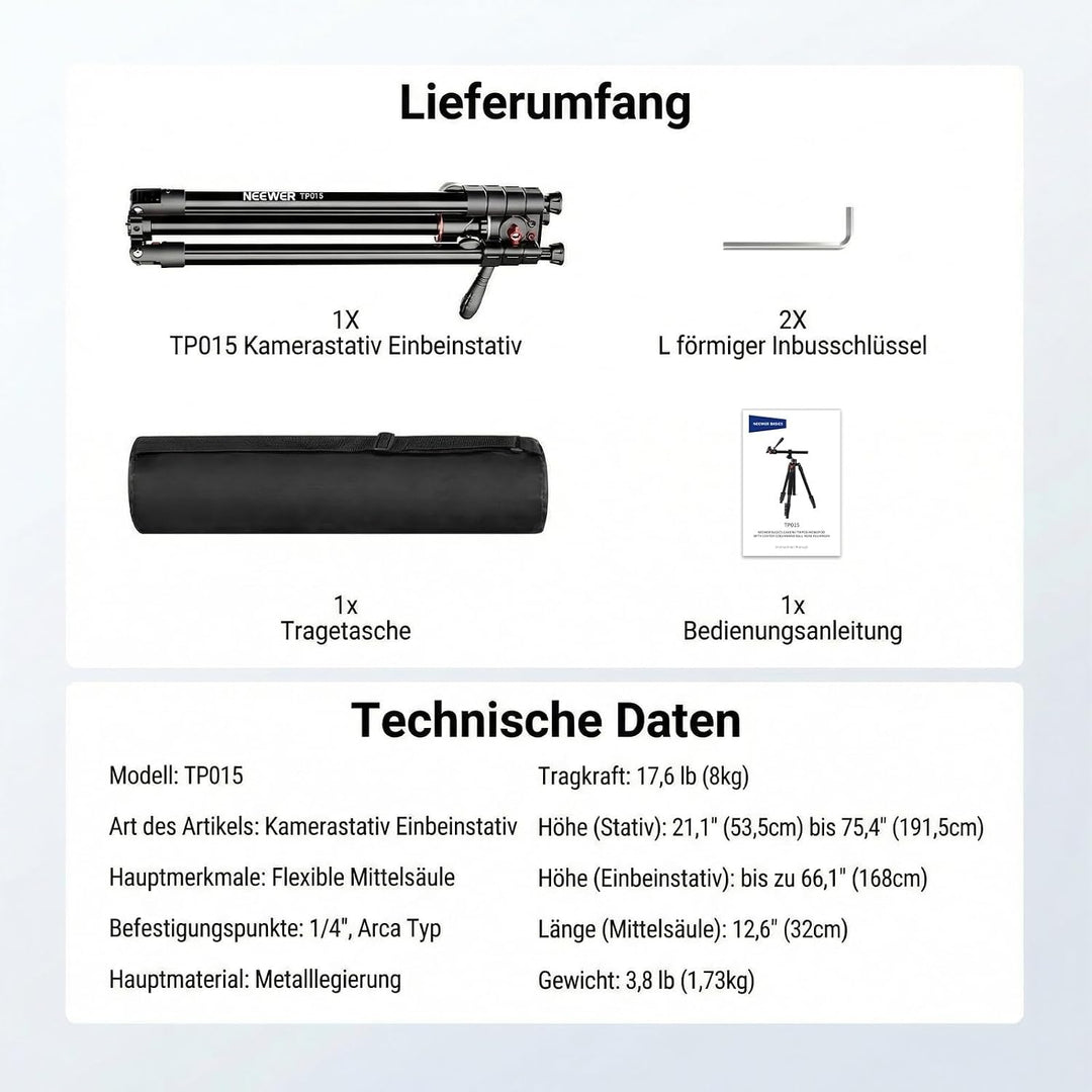 NEEWER BASICS Overhead Horizontal Kamera Stativ Einbeinstativ mit Fluidkopf und Mittelsäule, 75,4" M