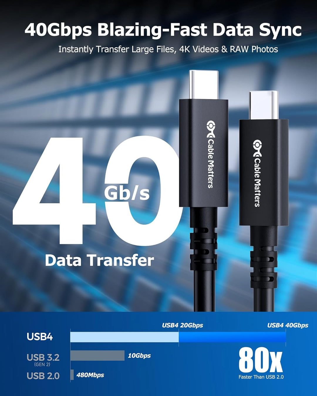 Cable Matters 40Gbps Active USB4 kabel 3 m, mit 8K Video & 100 W Ladeleistung, Kompatibel mit Thunde