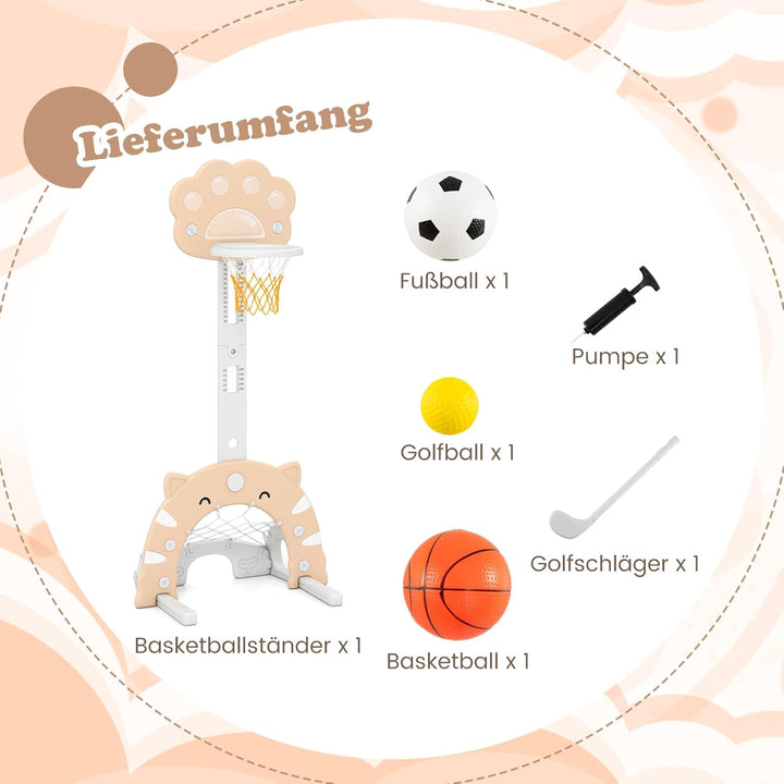 COSTWAY 3 in 1 Kinder Basketballkorb, Basketballständer mit Basketball & Fussball & Golfspiel, Indoo