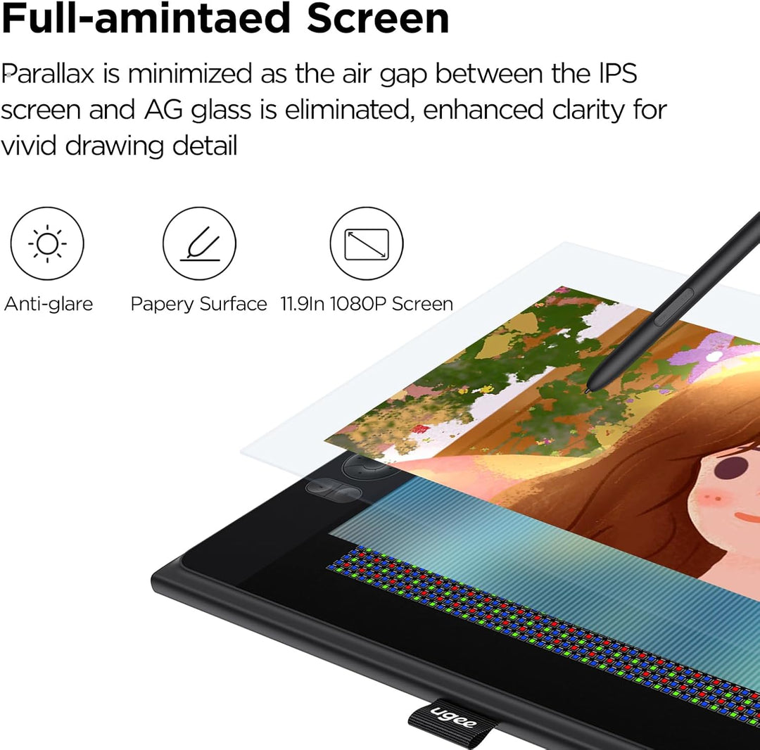 ugee UE12 11,6 Zoll Grafiktablett mit Display,Pen Display mit 124% sRGB mit 8 Shortcut-Tasten Ultra-
