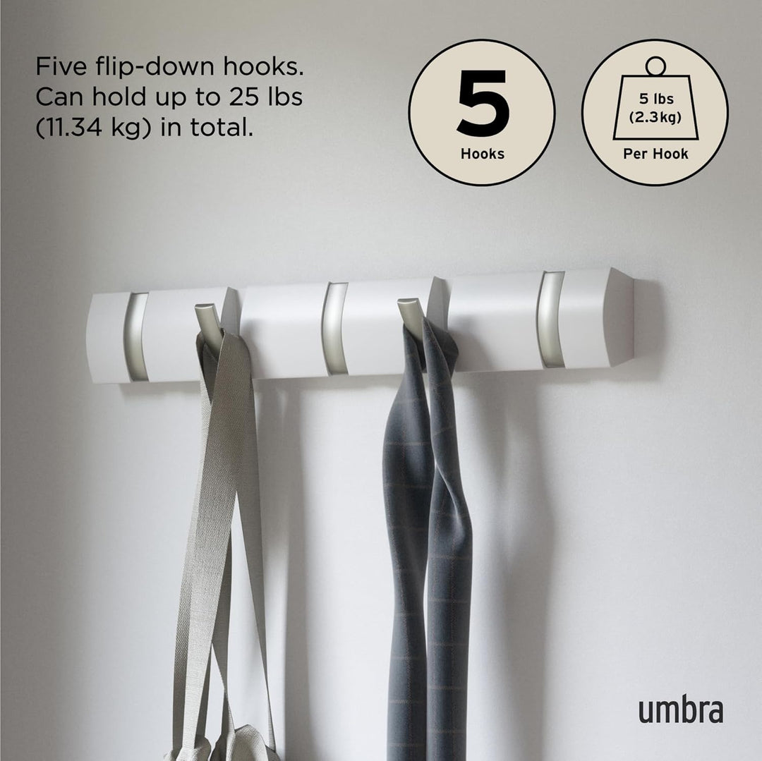 Umbra Flip 5 Garderobenhaken – Moderne, Schlichte und Platzsparende Garderobenleiste mit 5 Beweglich