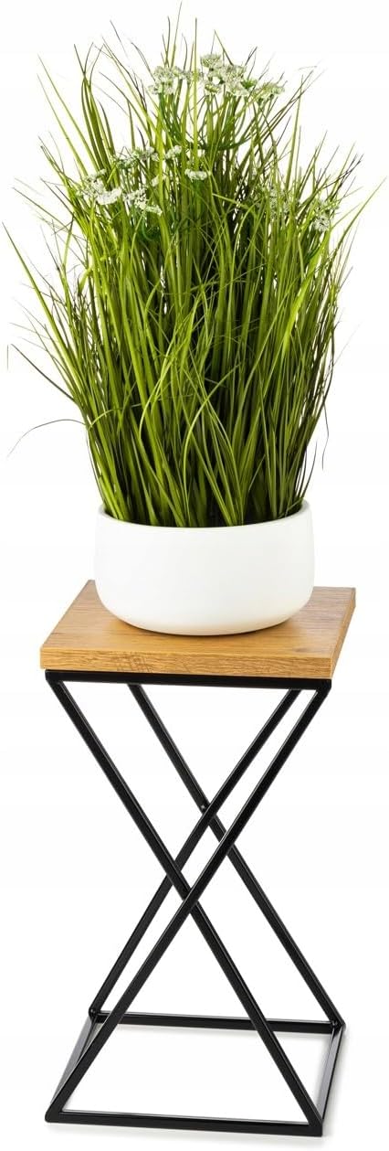 Pflanzenständer Metall 40 cm Hoch - Stabiler und Fester Blumenhocker mit Eiche Optik MDF-Platte auf