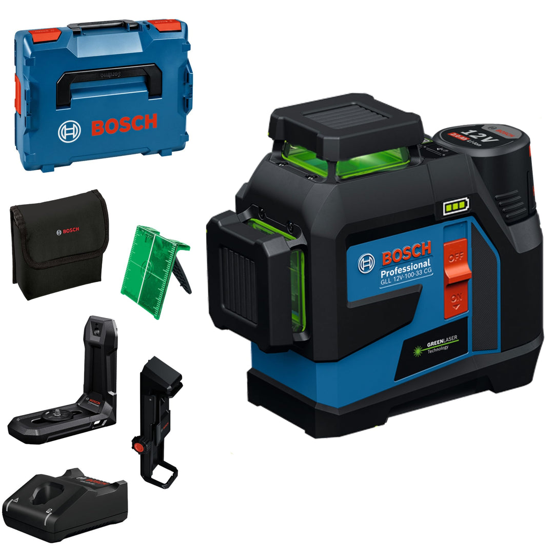Bosch Professional Linienlaser GLL 12V-100-33 CG (3 x 360° grüner Laser, Arbeitsbereich 100 m (Radiu