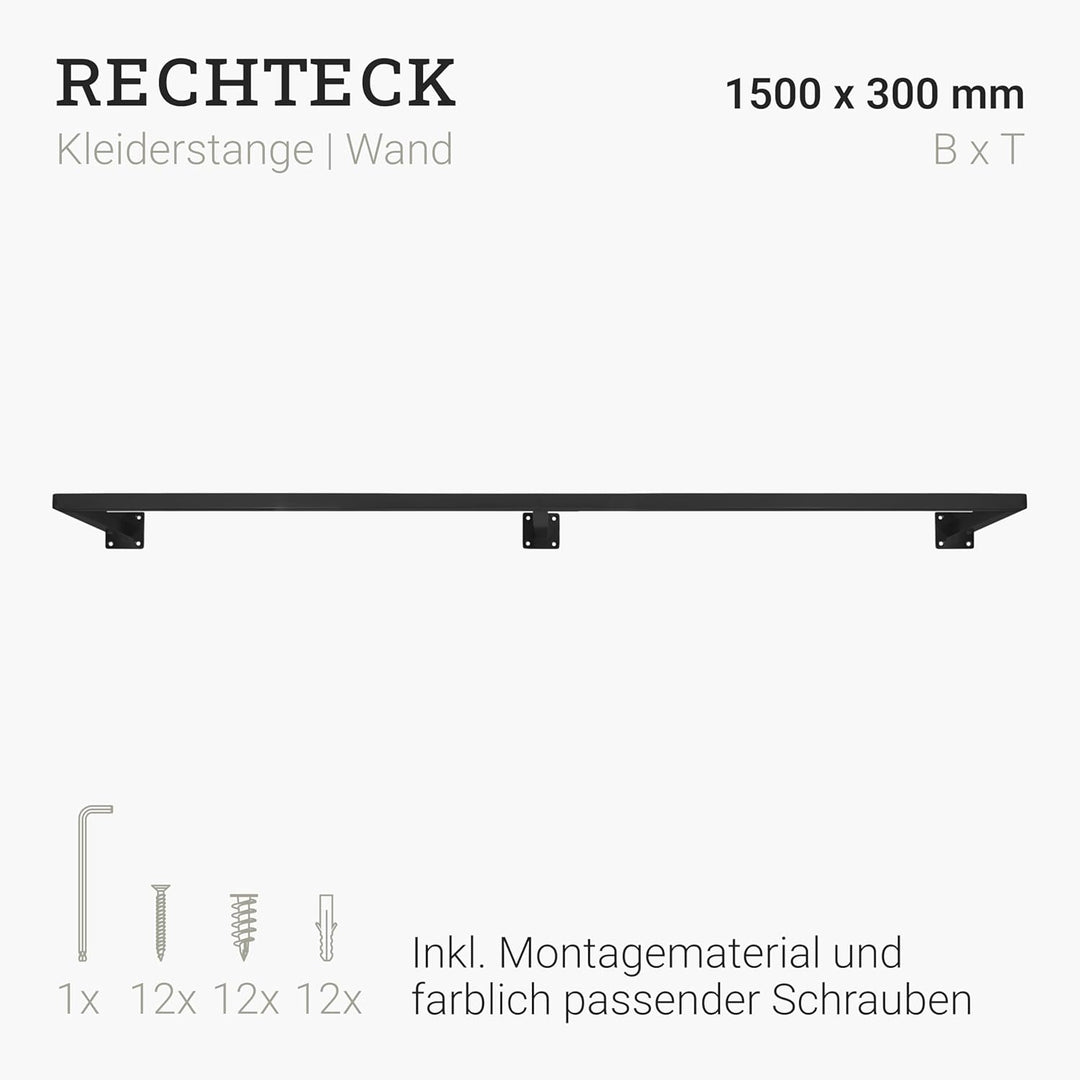 Natural Goods Berlin 1x Kleider-Stange RECHTECK | Einfache Wand-Montage | Garderoben-Stange Industri