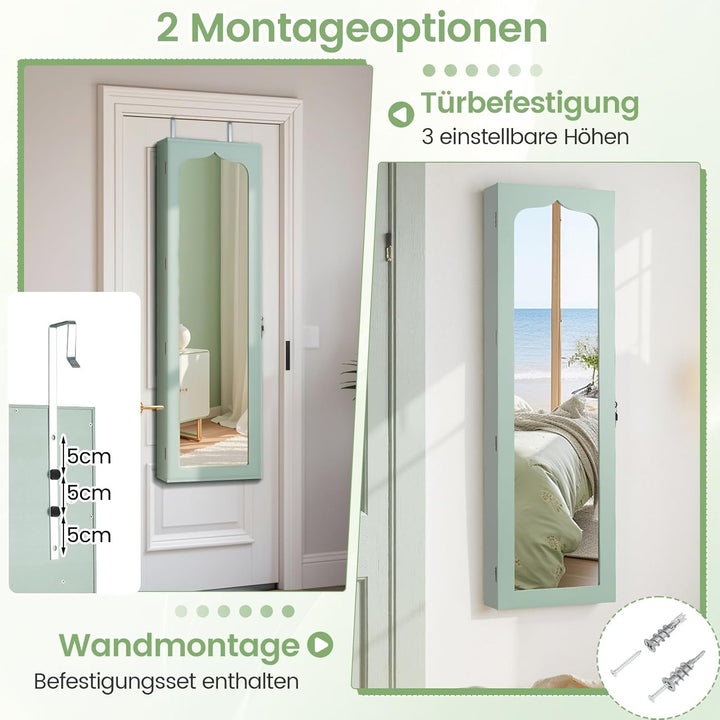 GOPLUS Schmuckschrank mit Schloss & 2 Schlüsseln, Schmuckregal mit LED-Beleuchtung, Spiegelschrank m