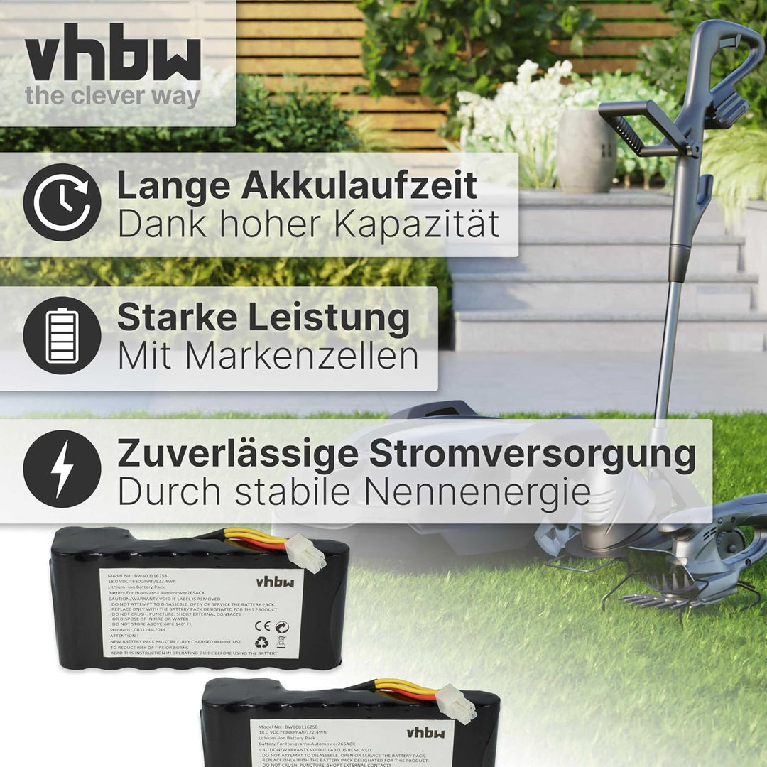 vhbw 2X Akku kompatibel mit Husqvarna Automower 430X bis BJ 2019/2020, 435X AWD Rasenroboter (6800mA