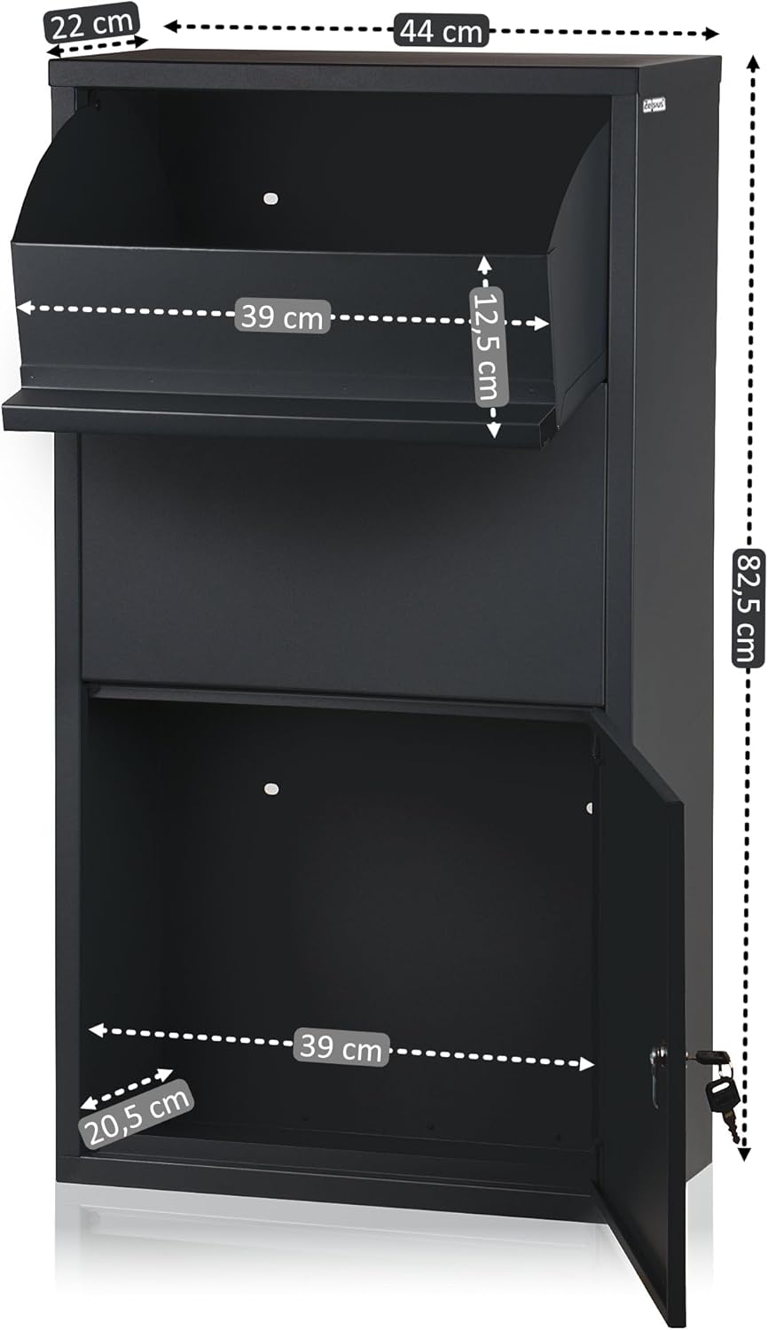 Zelsius Briefkasten mit Paketfach Merkur | pulverbeschichteter Stahl mit Edelstahl Elementen | RAL70