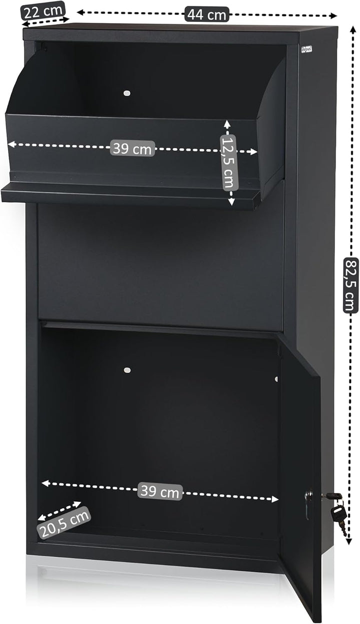 Zelsius Briefkasten mit Paketfach Merkur | pulverbeschichteter Stahl mit Edelstahl Elementen | RAL70