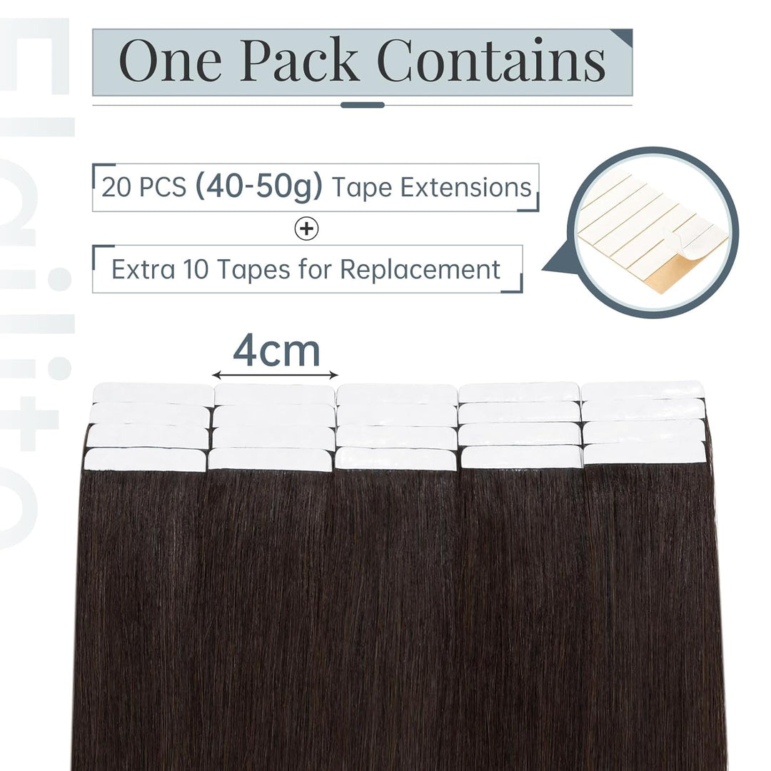 Elailite Tape in Extensions Echthaar Braun 20 Stück/Packung Real Human Hair, 40cm Indian Haar Invisi