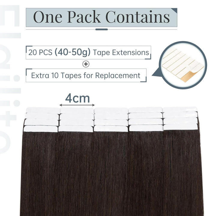 Elailite Tape in Extensions Echthaar Braun 20 Stück/Packung Real Human Hair, 40cm Indian Haar Invisi